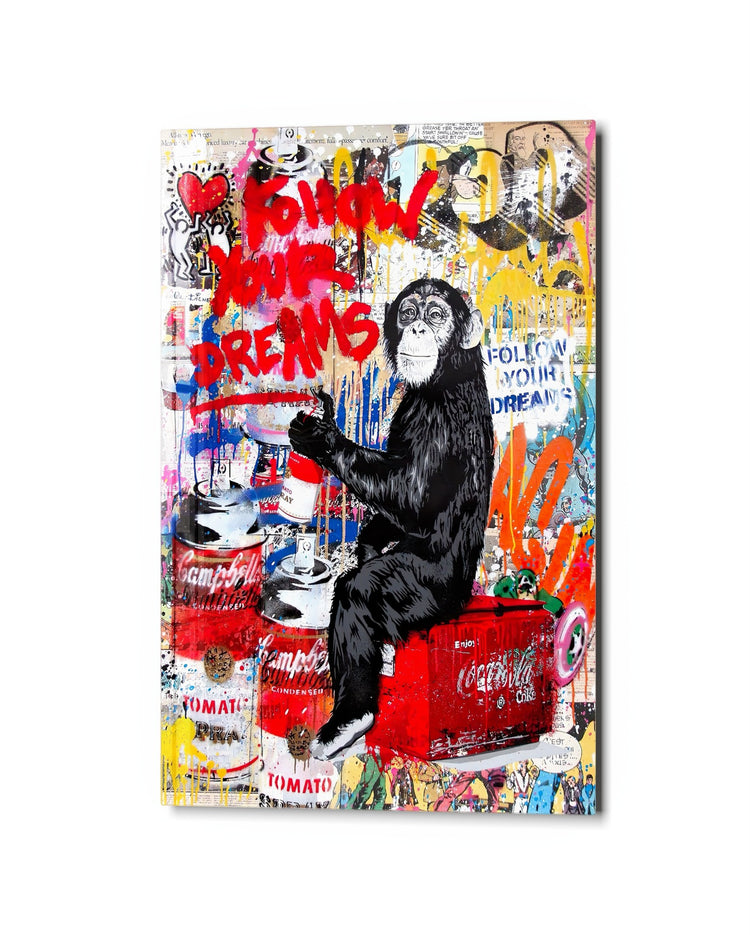 Chimp Who Follows Dreams glass wall art, studio view