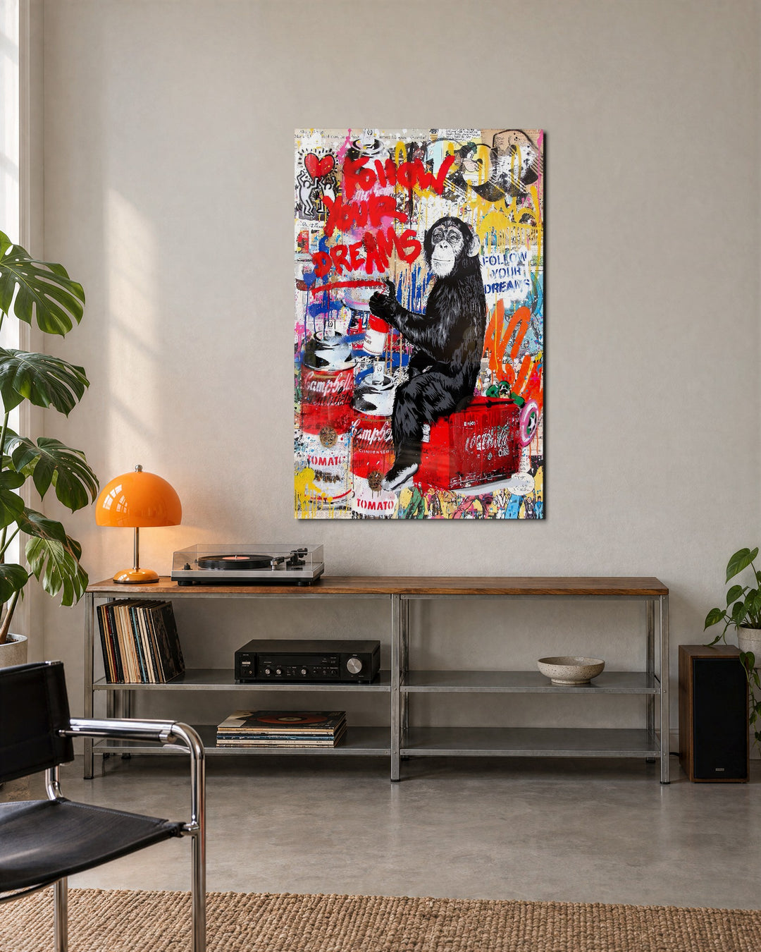 Chimp Who Follows Dreams glass wall art, lifestyle view