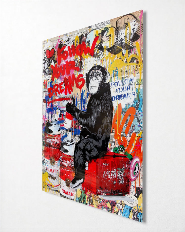 Chimp Who Follows Dreams glass wall art, side view
