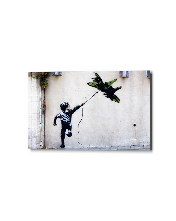 Boy with a Jet Kite glass wall art, studio view