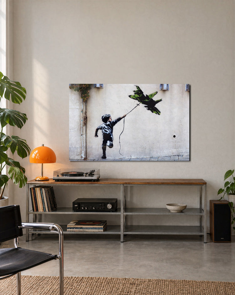 Boy with a Jet Kite glass wall art, lifestyle view