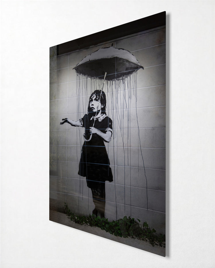 Rain Under the Umbrella glass wall art, side view