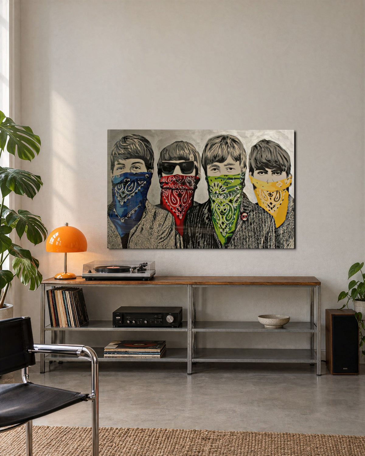 Four in Bandanas glass wall art, lifestyle view