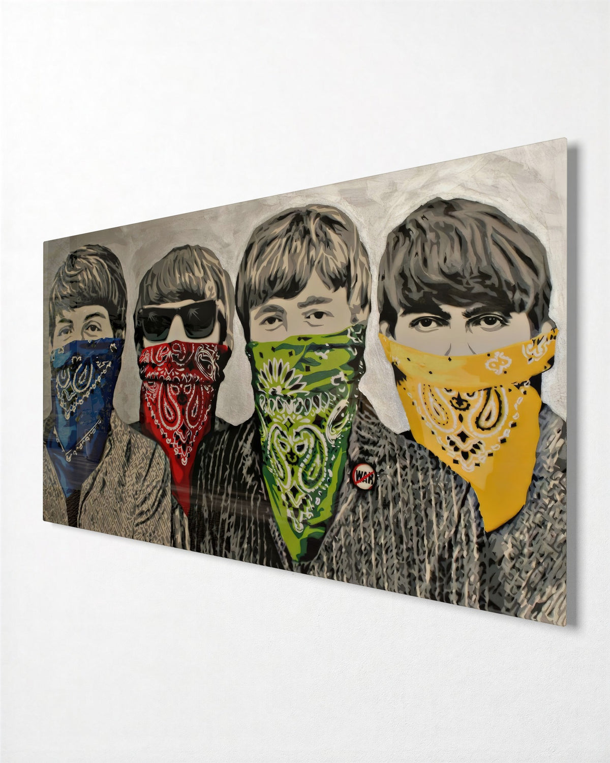 Four in Bandanas glass wall art, side view