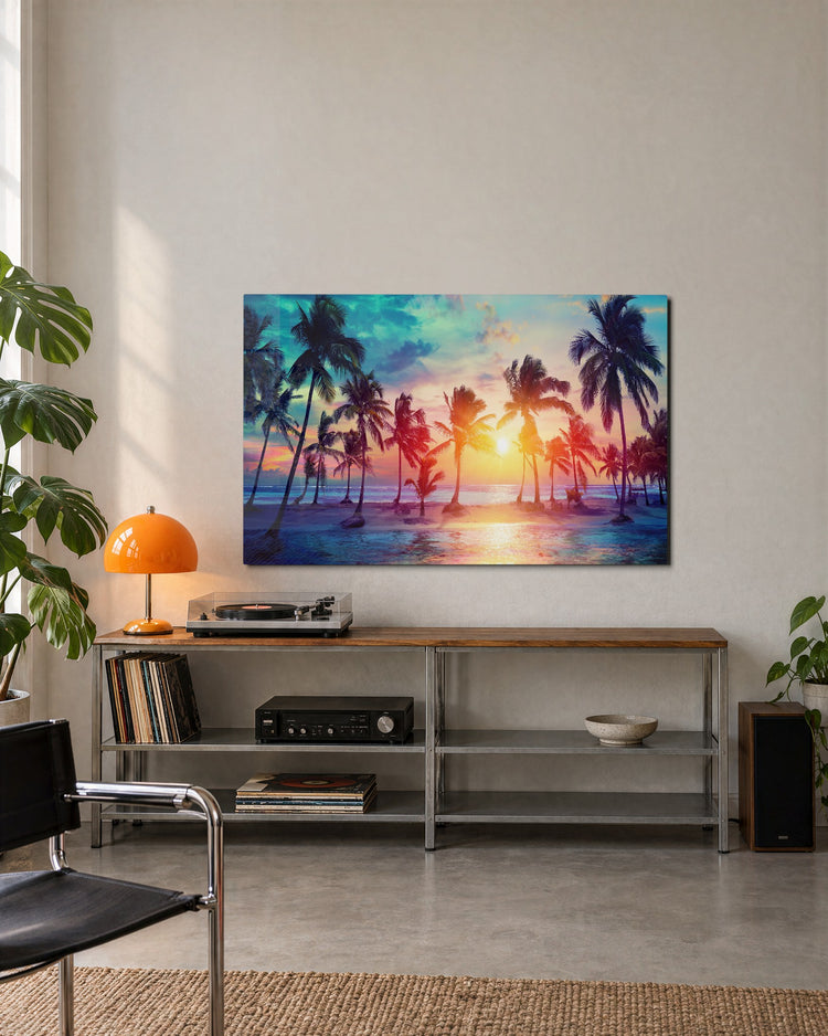 Palm Beach Sunset No. 2 glass wall art, lifestyle view