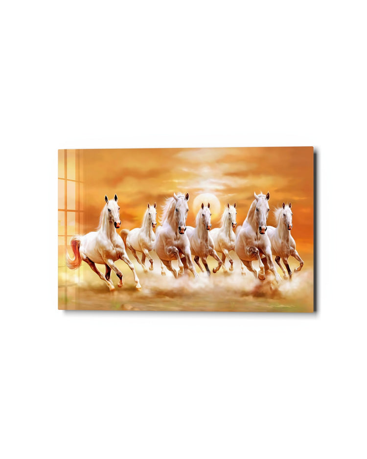 Seven White Horses at Sunset glass wall art, studio view