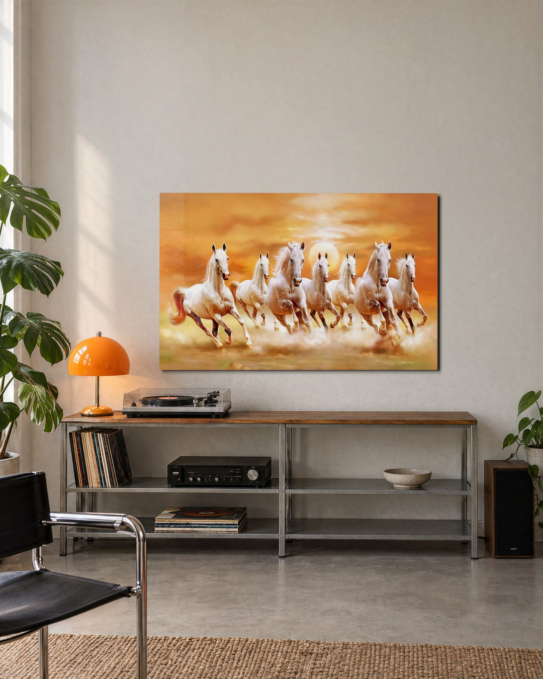 Seven White Horses at Sunset glass wall art, lifestyle view