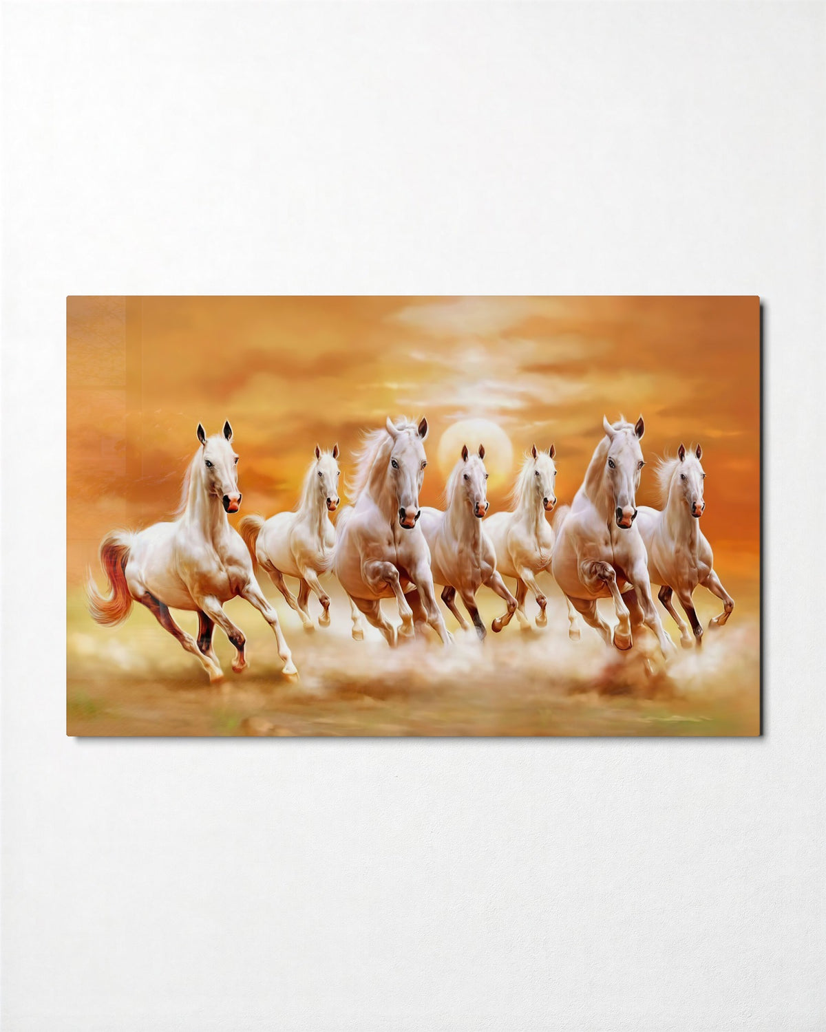 Seven White Horses at Sunset glass wall art, front view