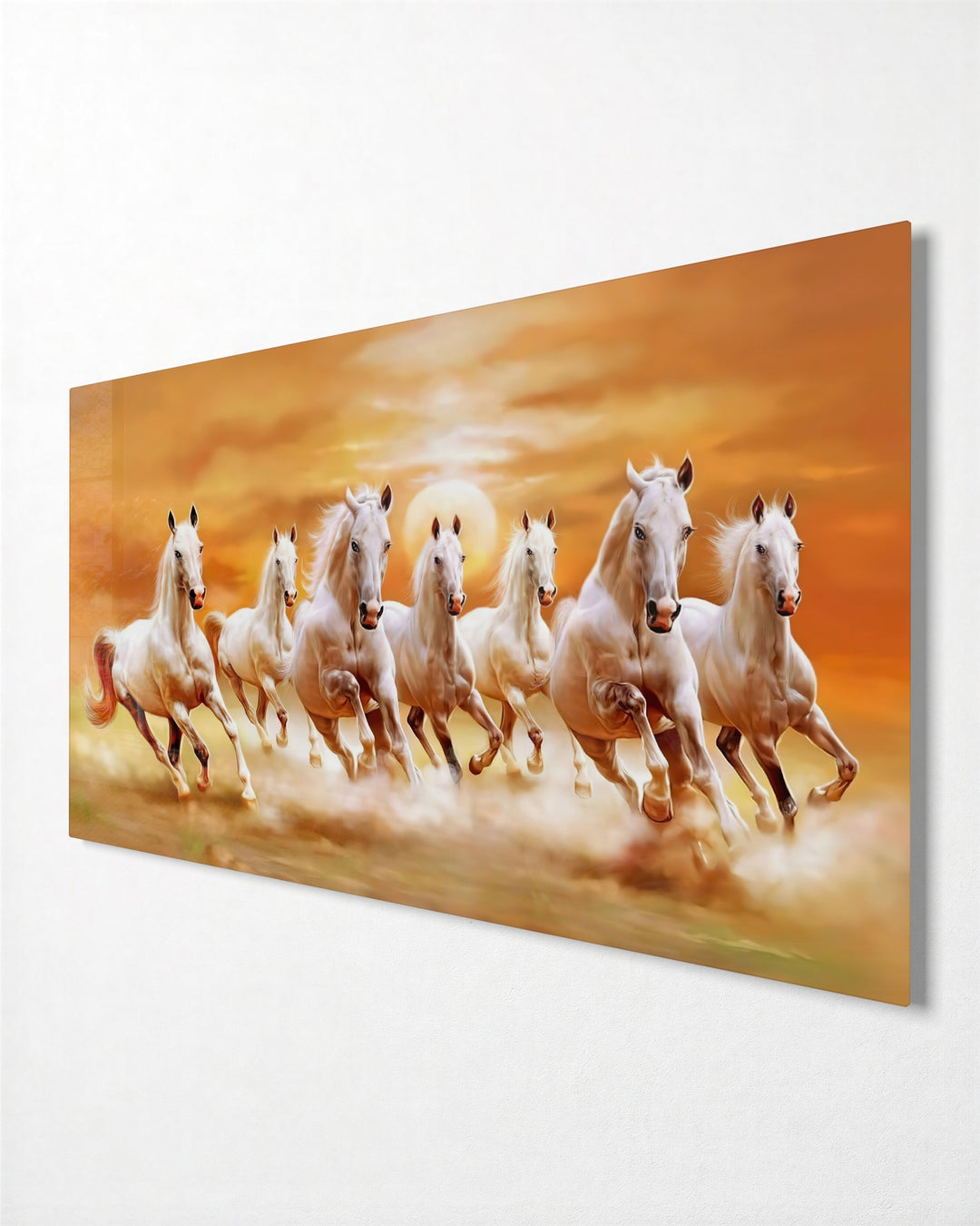 Seven White Horses at Sunset glass wall art, side view
