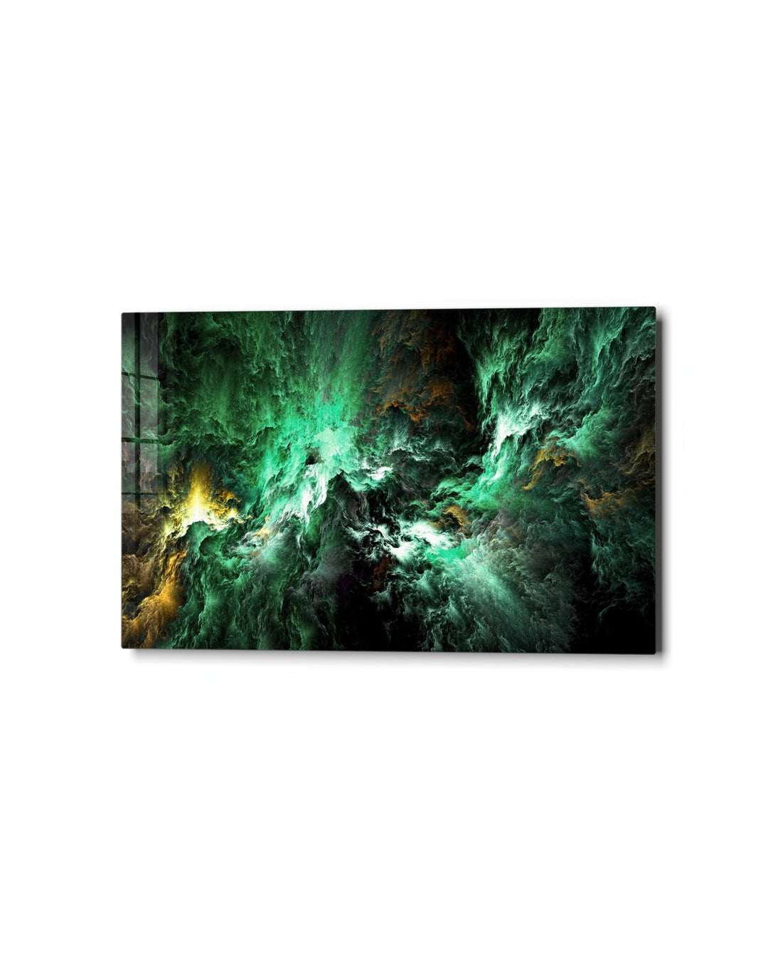 Green Cosmic Storm glass wall art, studio view