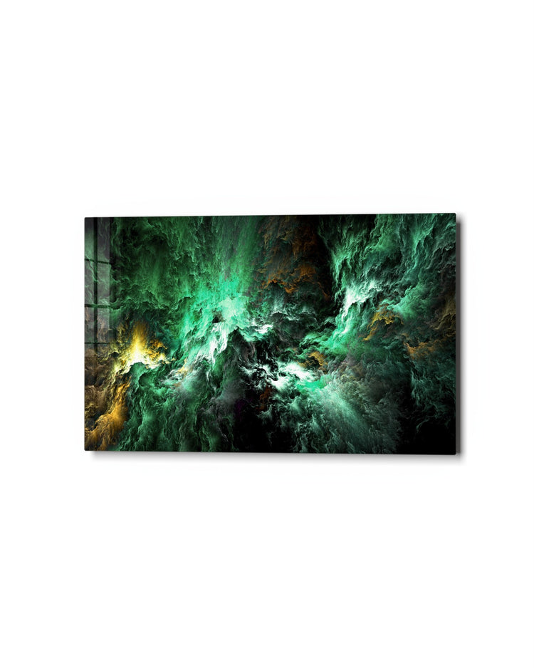 Green Cosmic Storm glass wall art, studio view