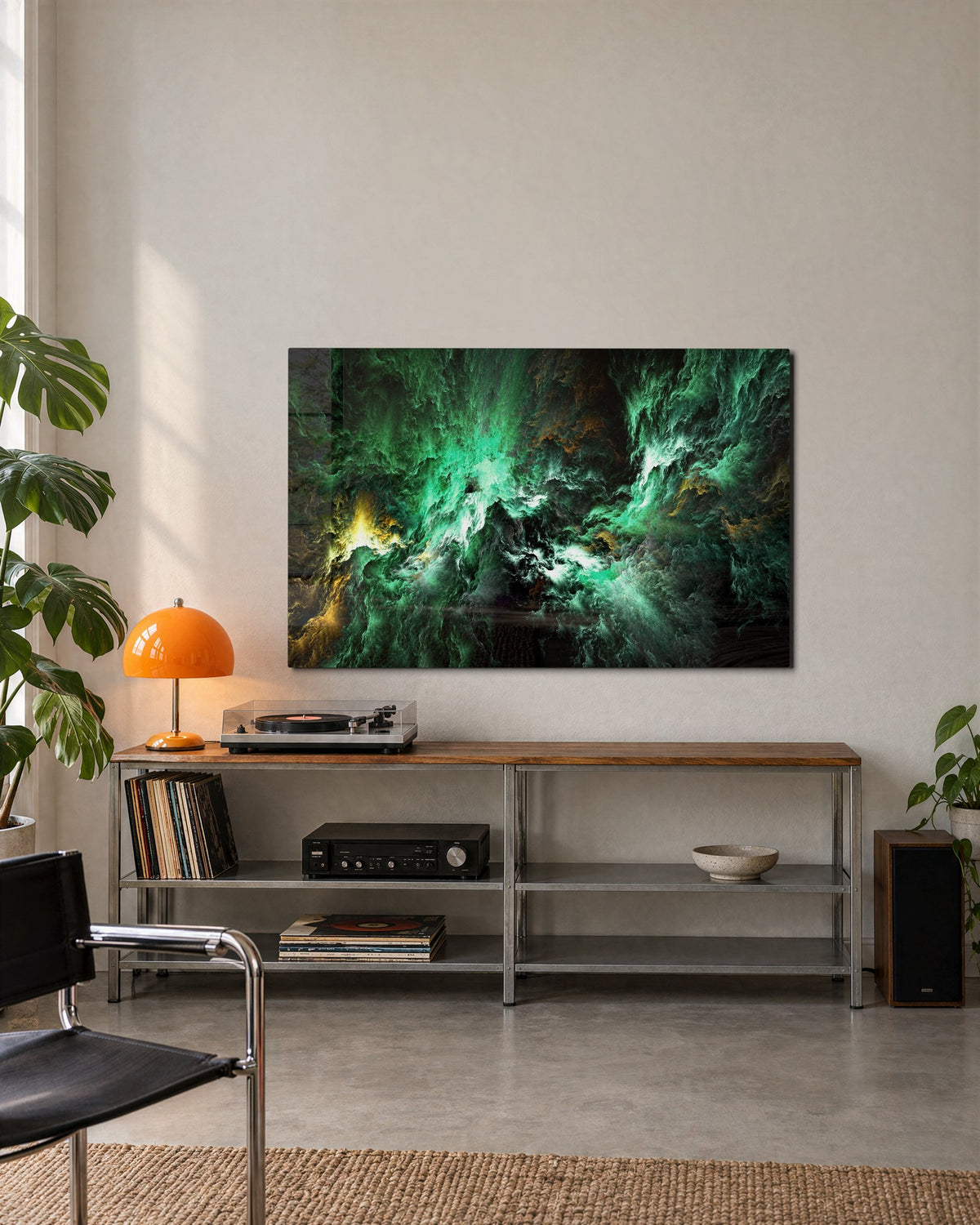 Green Cosmic Storm glass wall art, lifestyle view