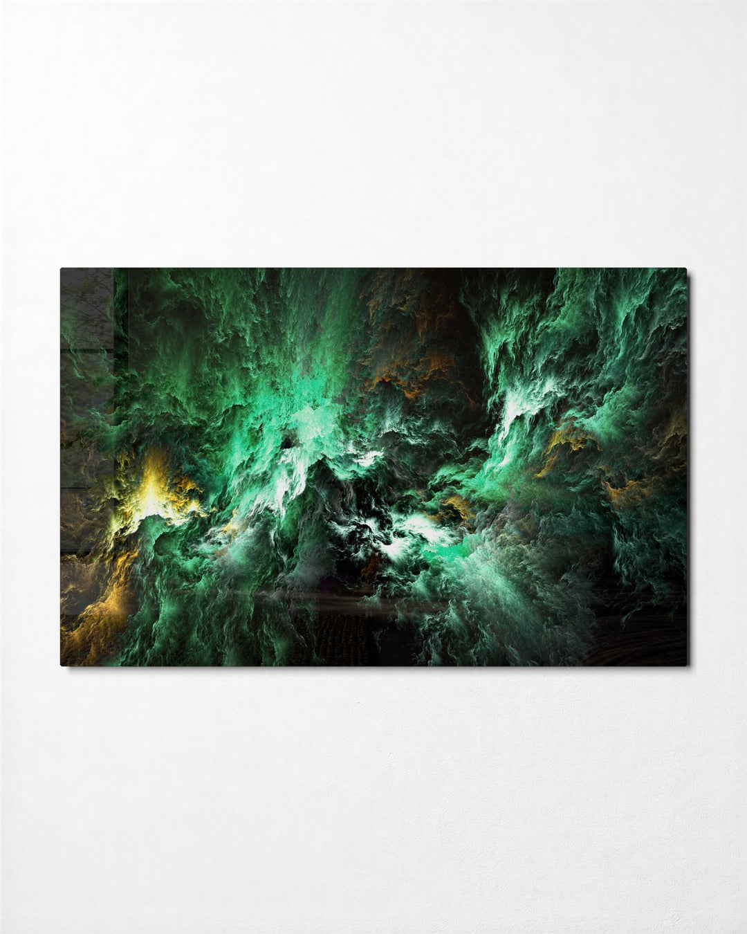 Green Cosmic Storm glass wall art, front view
