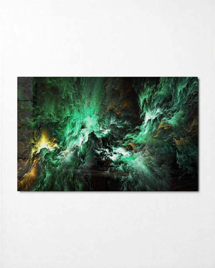 Green Cosmic Storm glass wall art, front view
