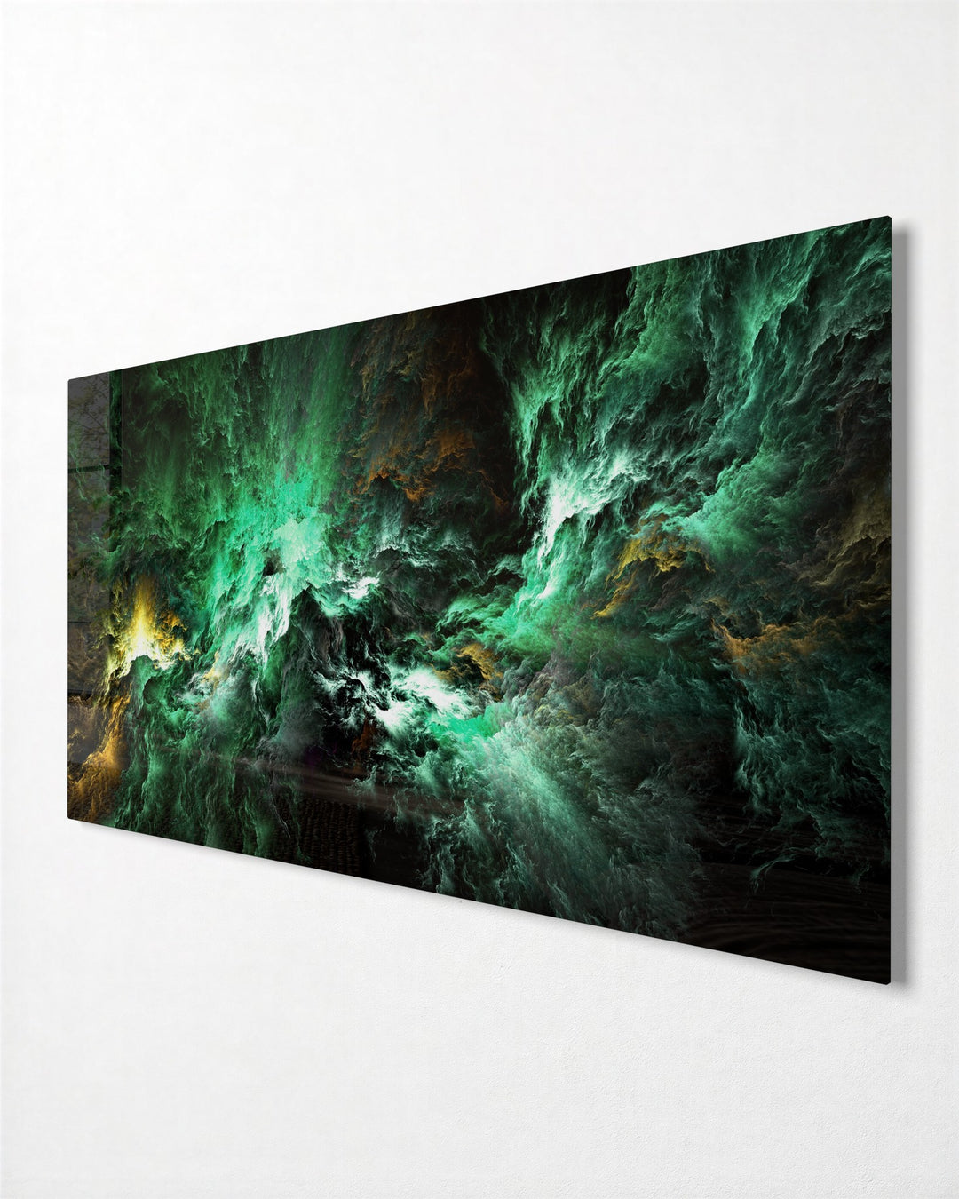 Green Cosmic Storm glass wall art, side view