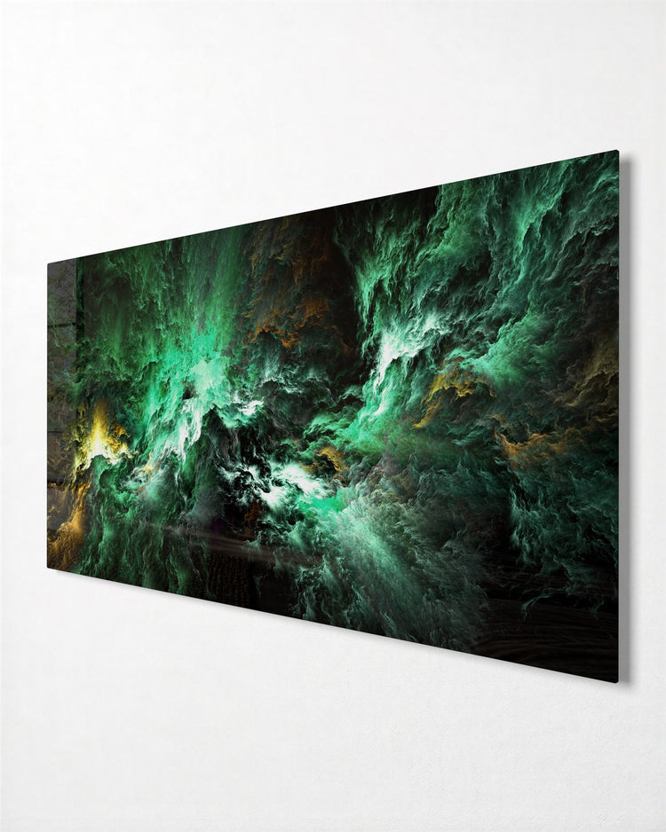 Green Cosmic Storm glass wall art, side view