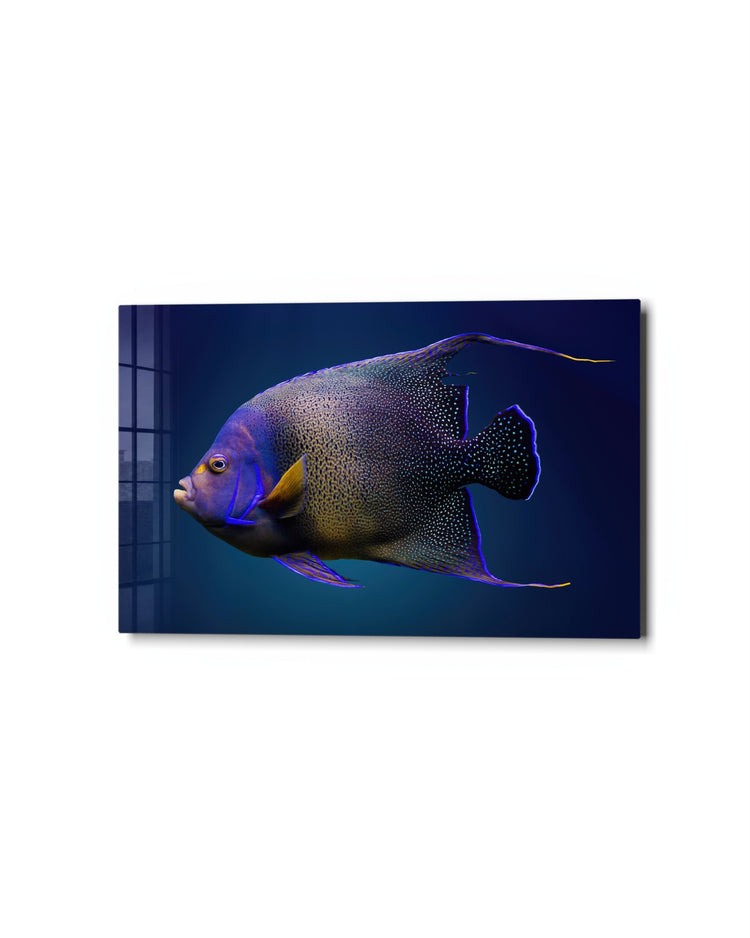 Purple Angelfish glass wall art, studio view