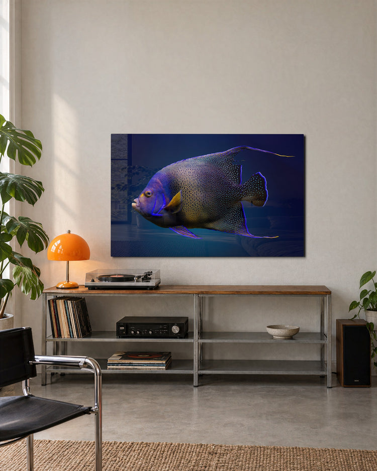 Purple Angelfish glass wall art, lifestyle view