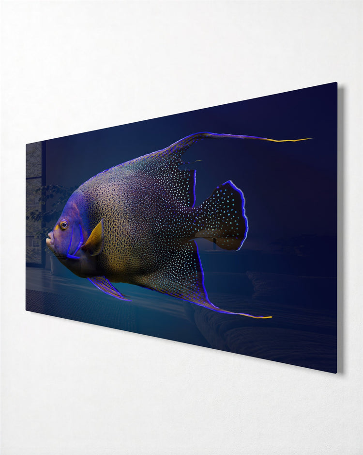 Purple Angelfish glass wall art, side view