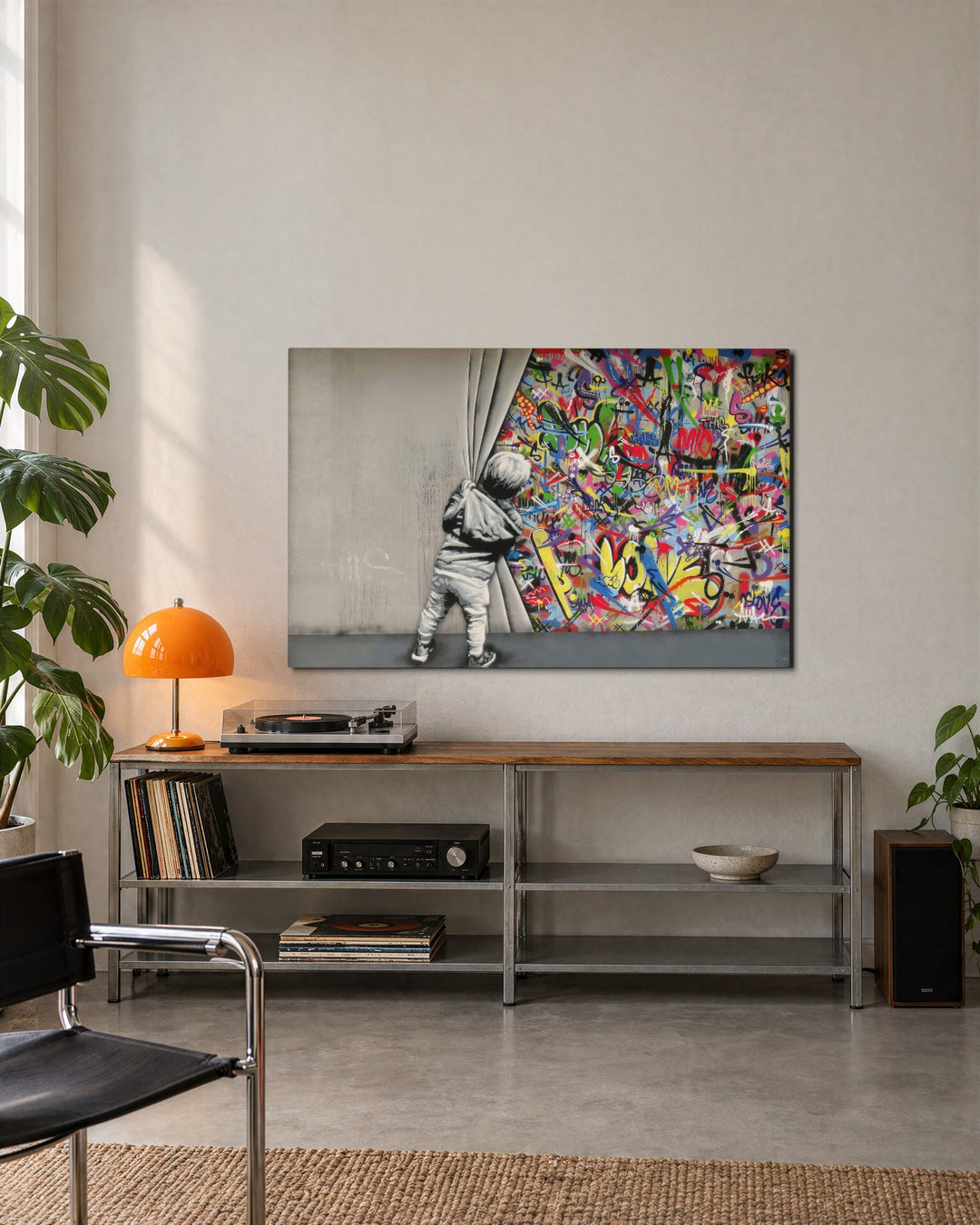 Behind the Grey Curtain glass wall art, lifestyle view
