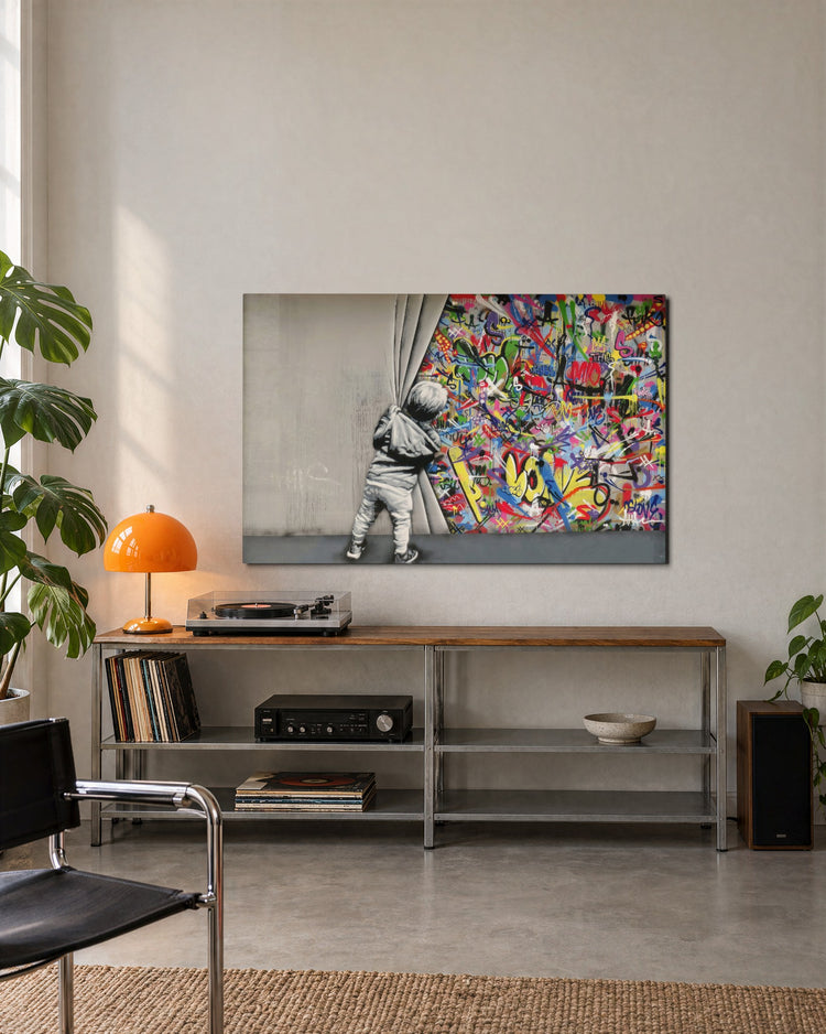 Behind the Grey Curtain glass wall art, lifestyle view