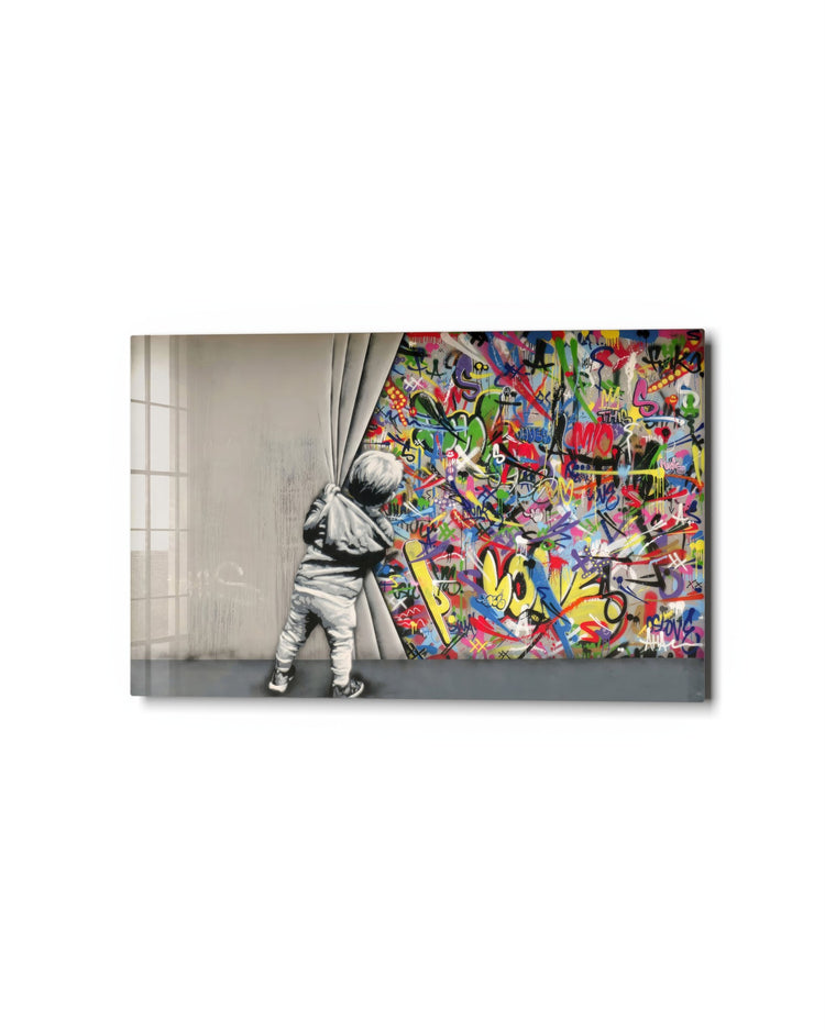 Behind the Grey Curtain glass wall art, studio view