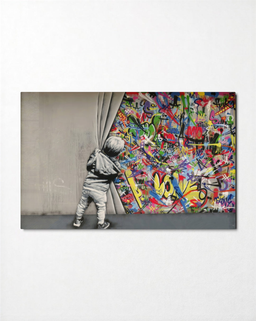 Behind the Grey Curtain glass wall art, front view