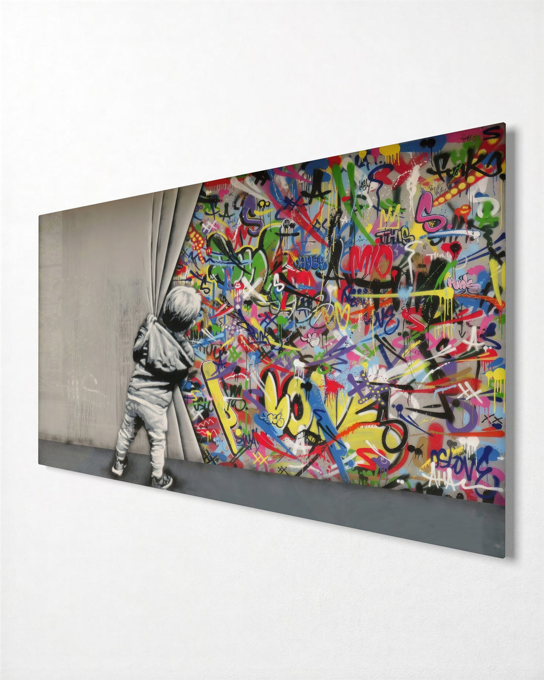 Behind the Grey Curtain glass wall art, side view