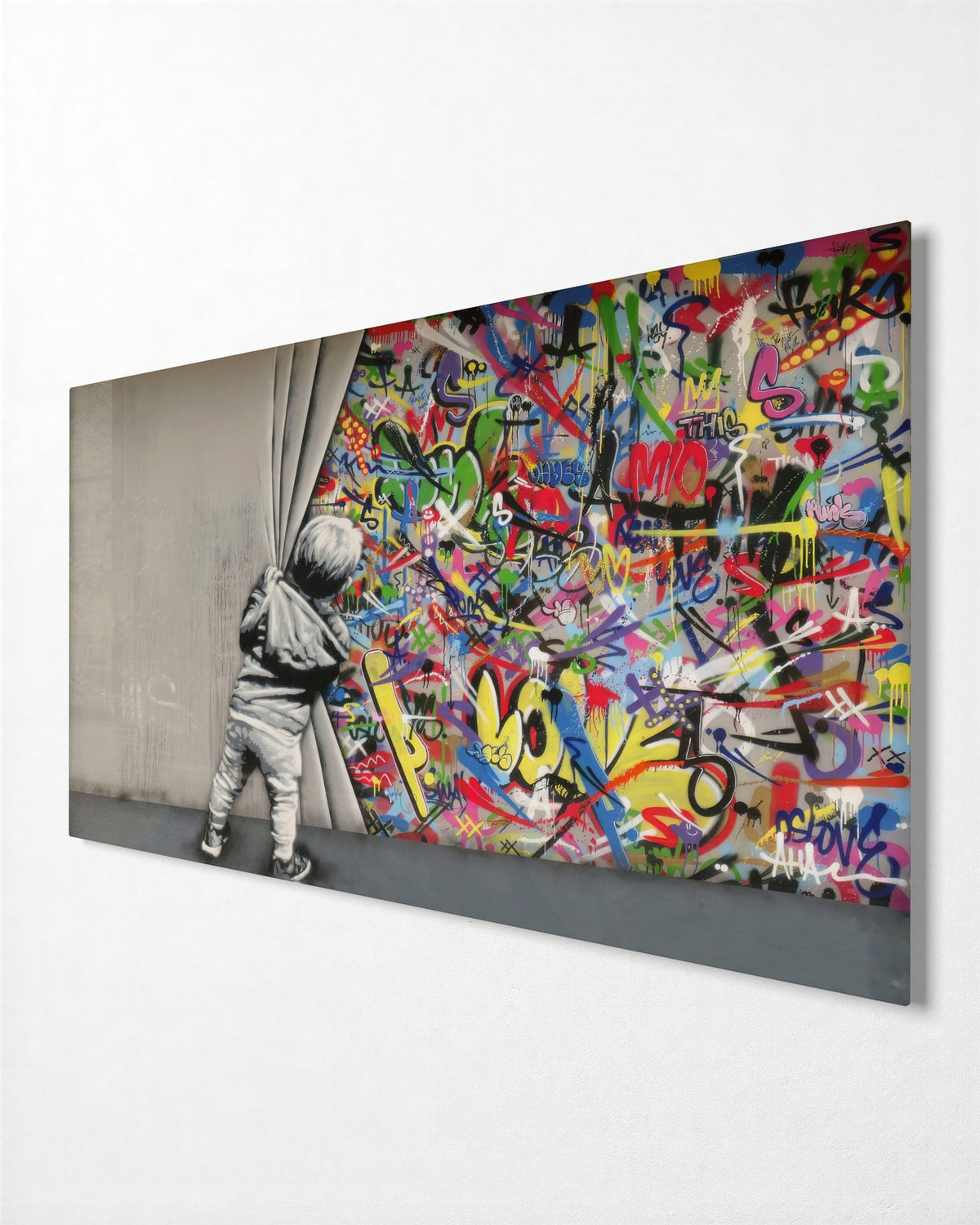 Behind the Grey Curtain glass wall art, side view
