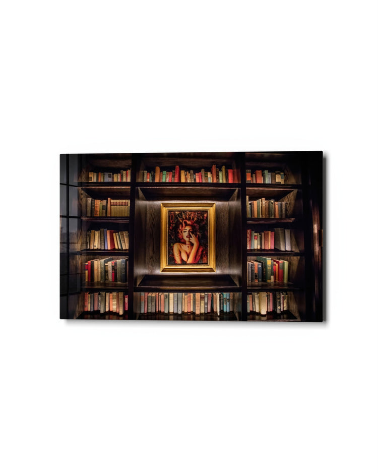Portrait in the Library glass wall art, studio view
