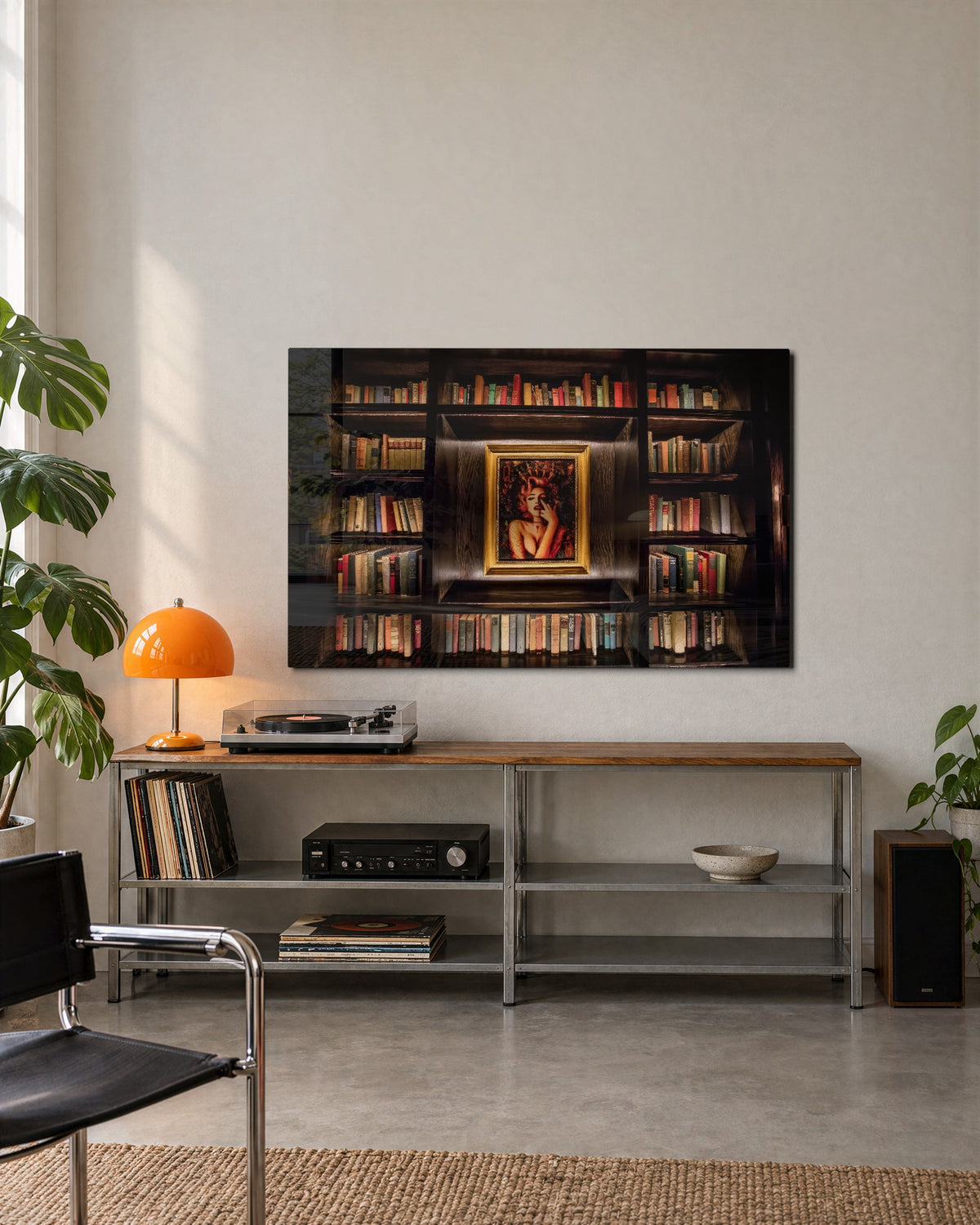 Portrait in the Library glass wall art, lifestyle view