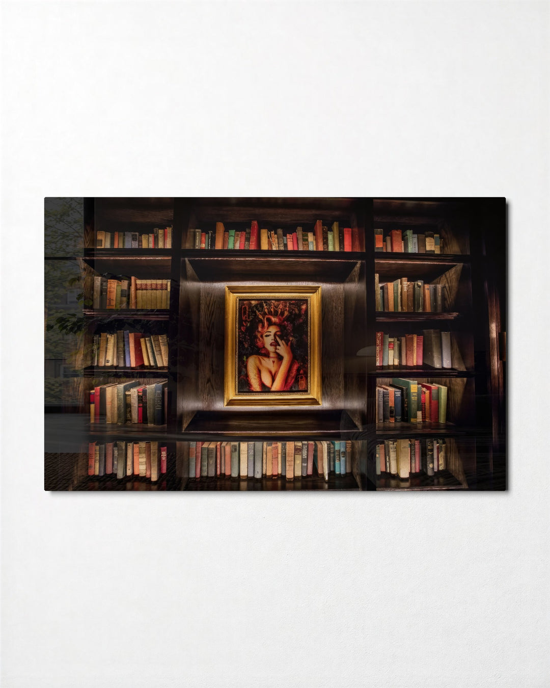 Portrait in the Library glass wall art, front view