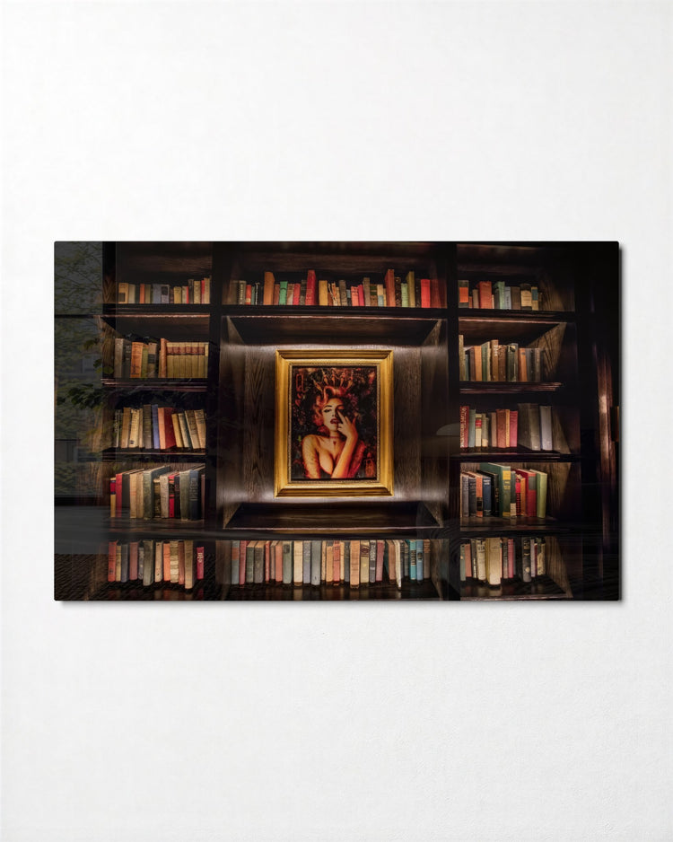 Portrait in the Library glass wall art, front view
