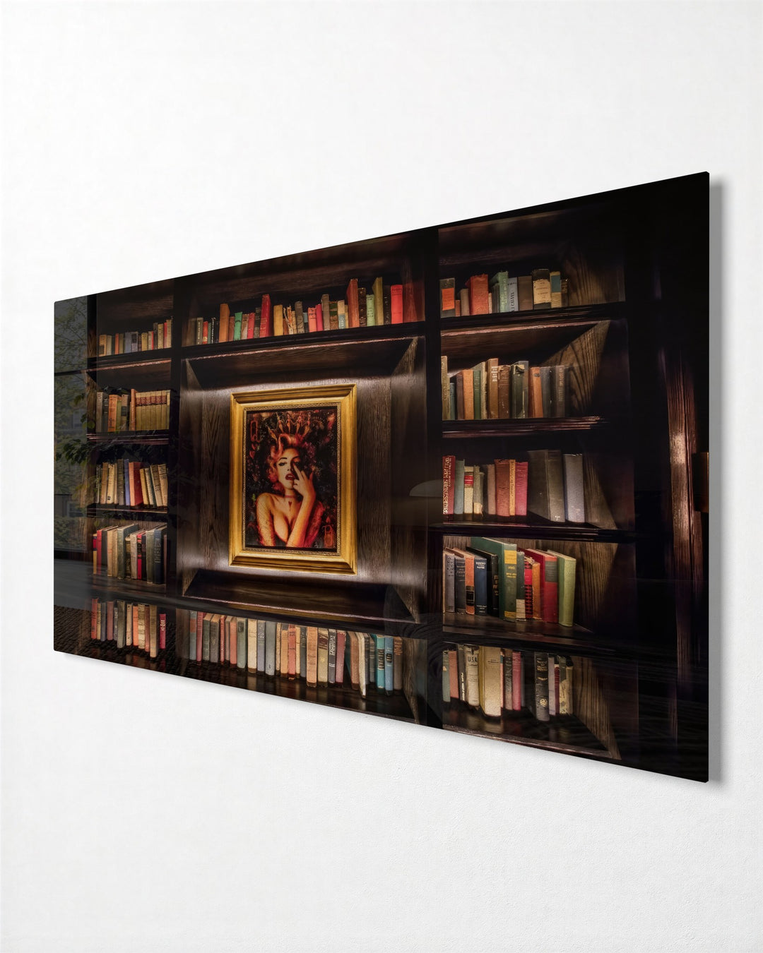 Portrait in the Library glass wall art, side view