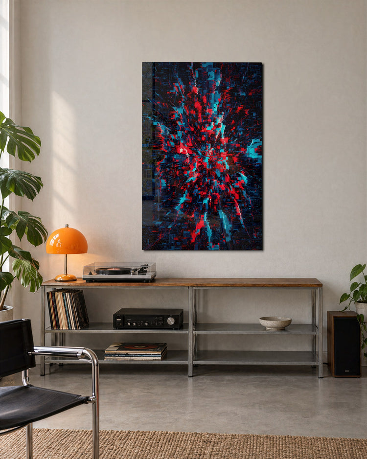 Transmission Collision glass wall art, lifestyle view