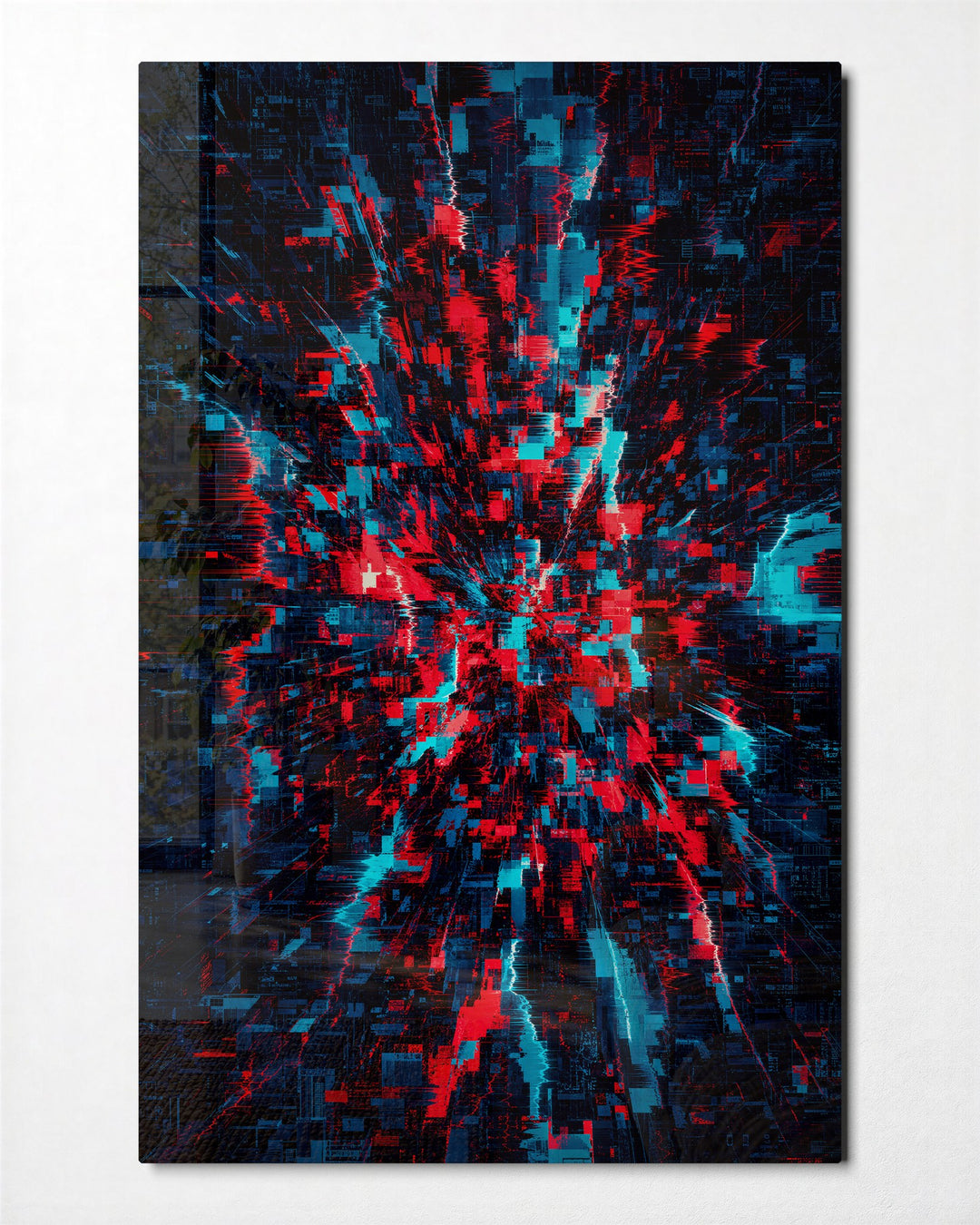 Transmission Collision glass wall art, front view