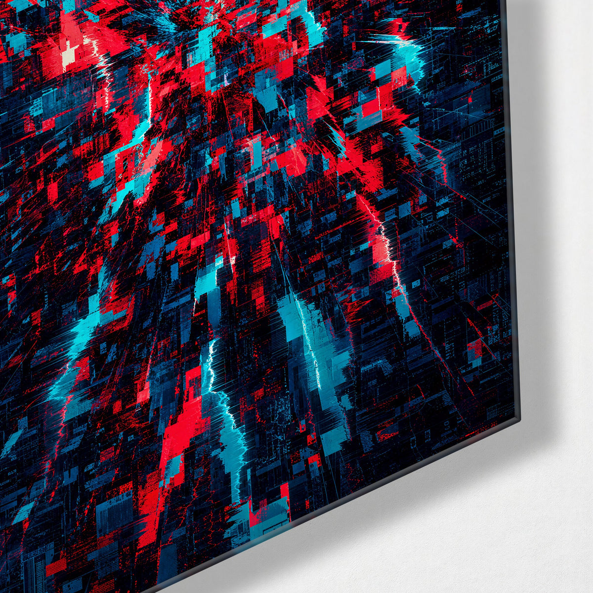 Transmission Collision glass wall art, corner view