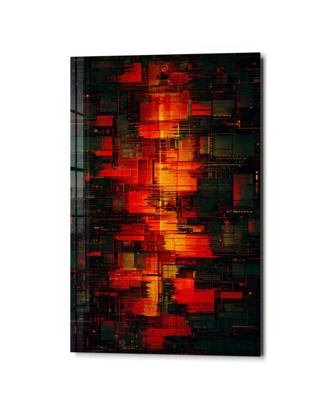 City Lights, Glitched glass wall art, studio view