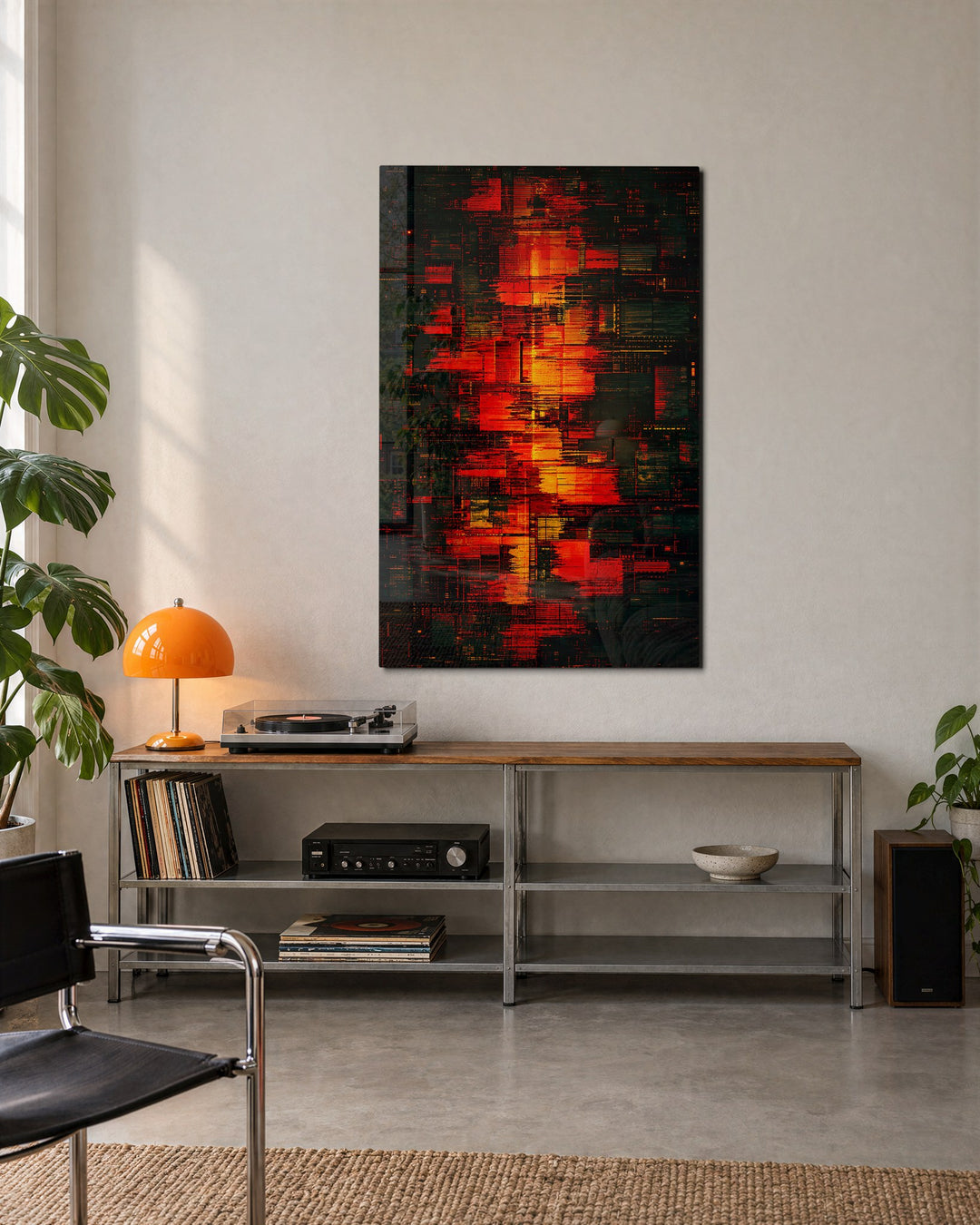 City Lights, Glitched glass wall art, lifestyle view