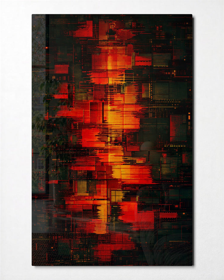 City Lights, Glitched glass wall art, front view