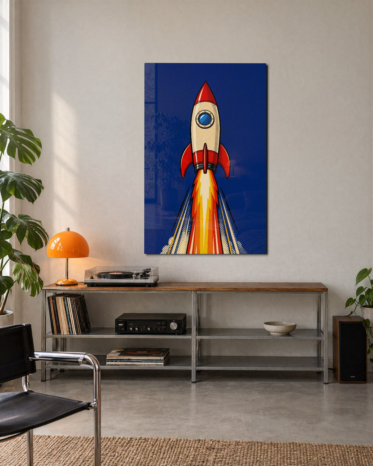 Liftoff in Dots glass wall art, lifestyle view