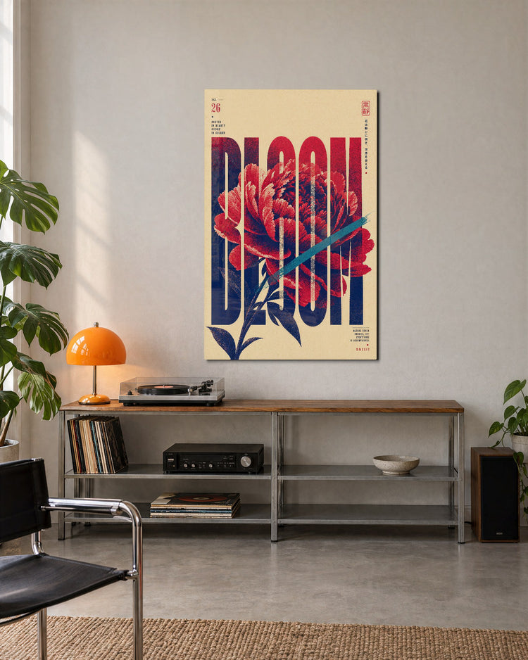 Red Flower, Tall Letters glass wall art, lifestyle view