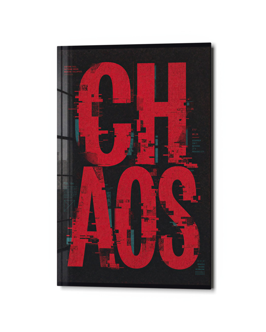 Glitched Red Letters glass wall art, studio view