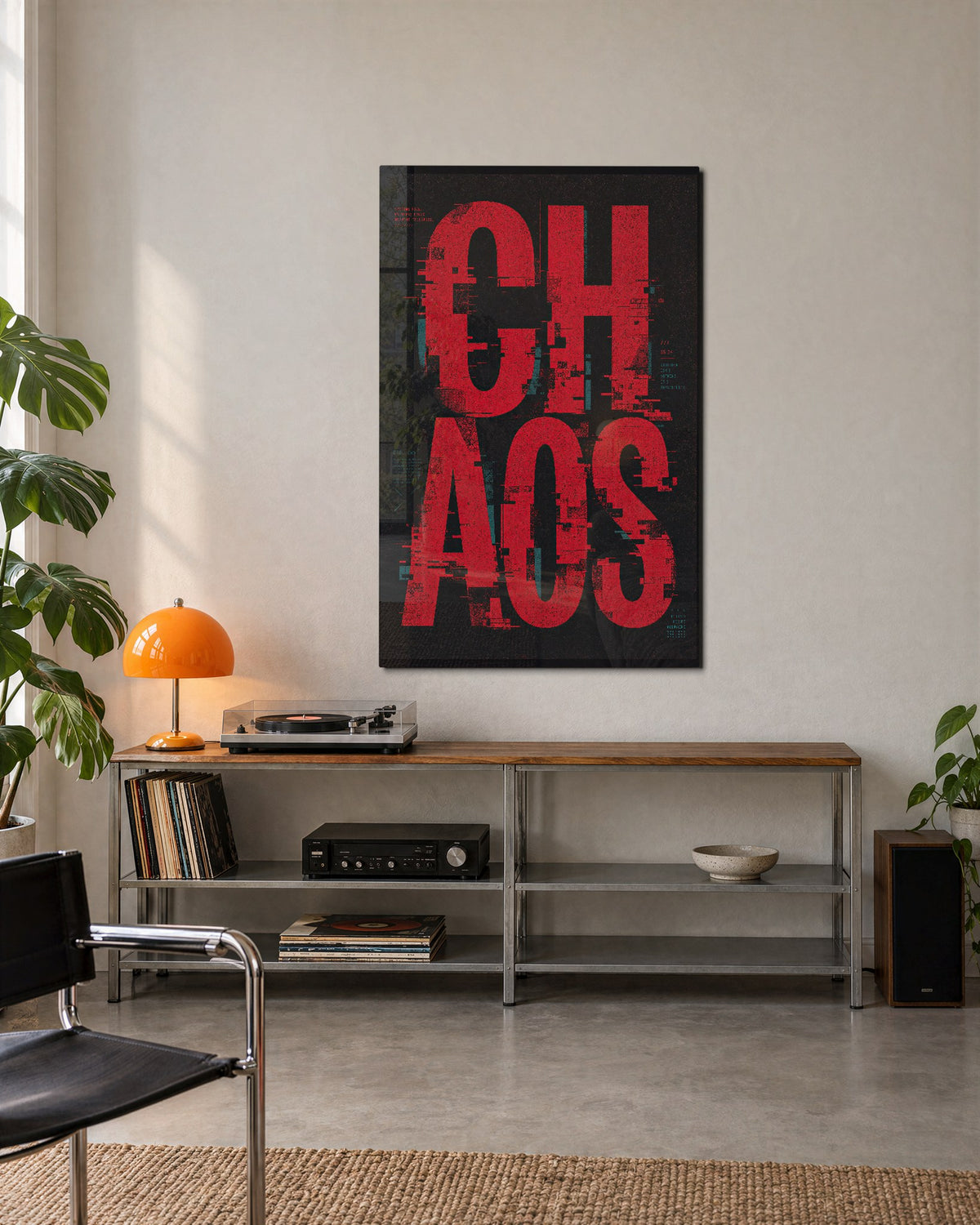 Glitched Red Letters glass wall art, lifestyle view
