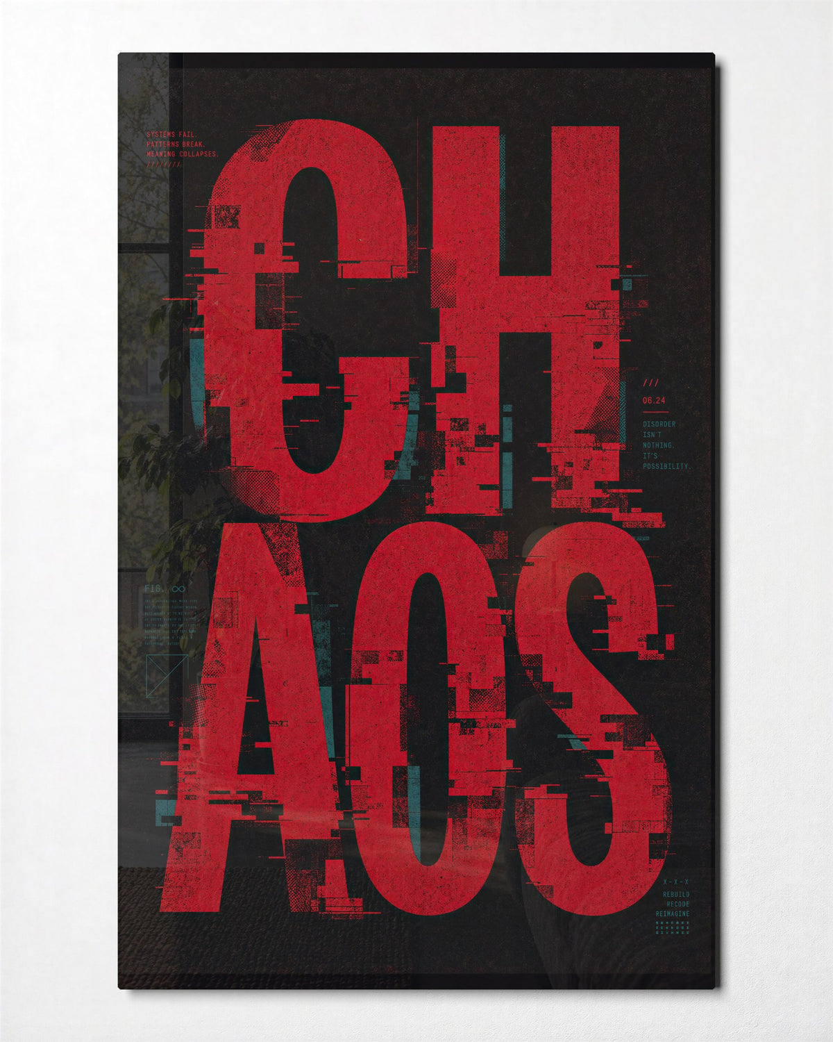Glitched Red Letters glass wall art, front view