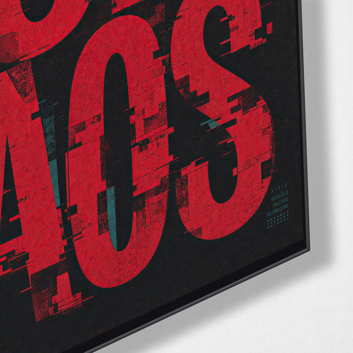 Glitched Red Letters glass wall art, corner view