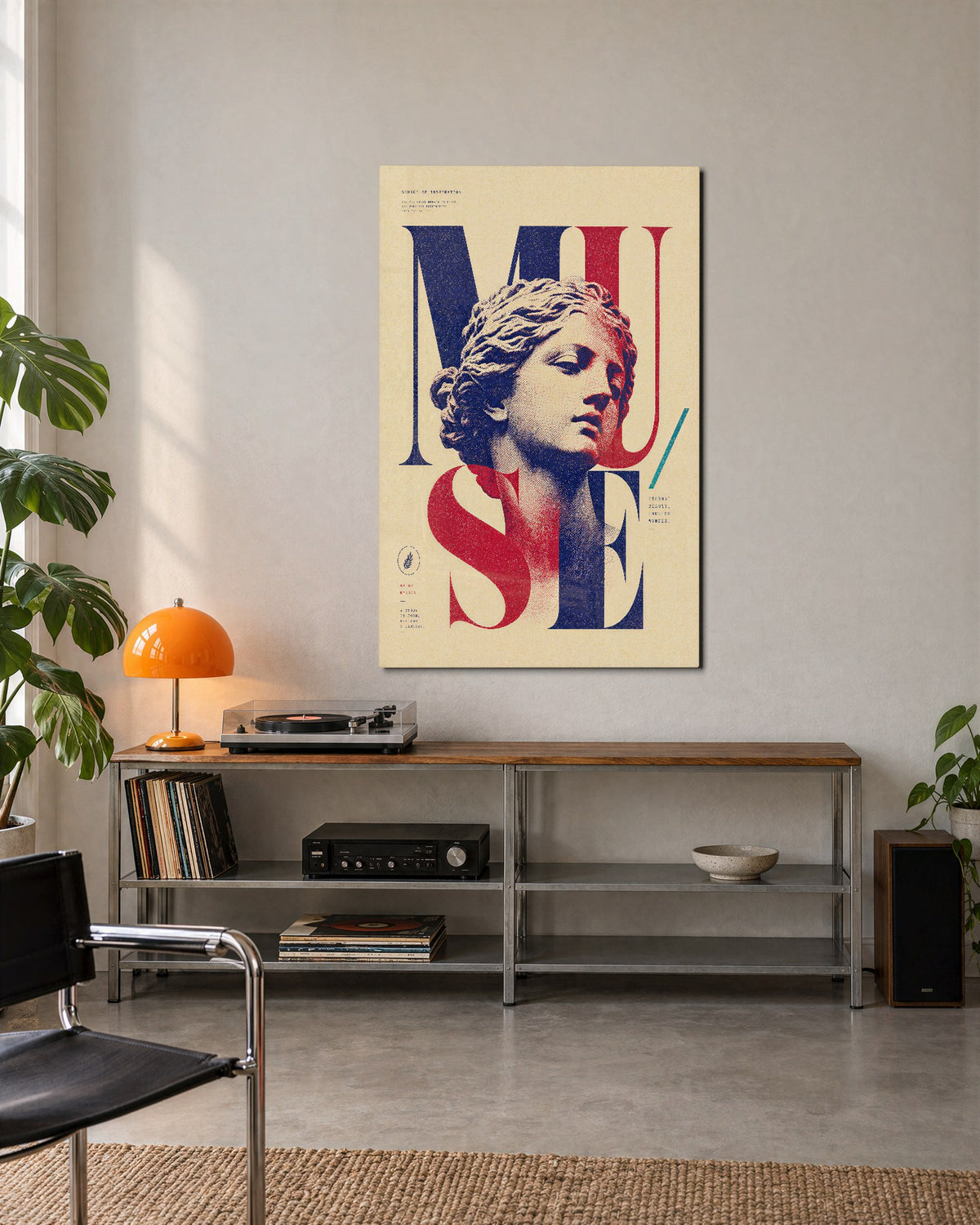 Statue and Spotlight glass wall art, lifestyle view