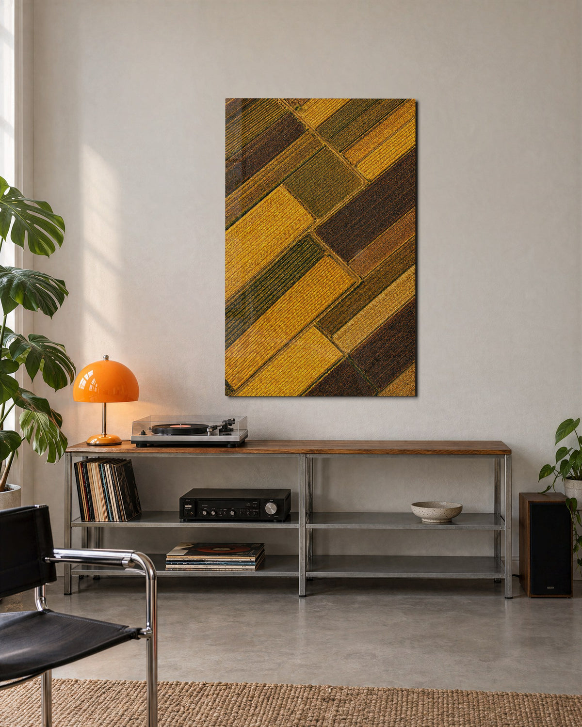 Striped Farmland glass wall art, lifestyle view