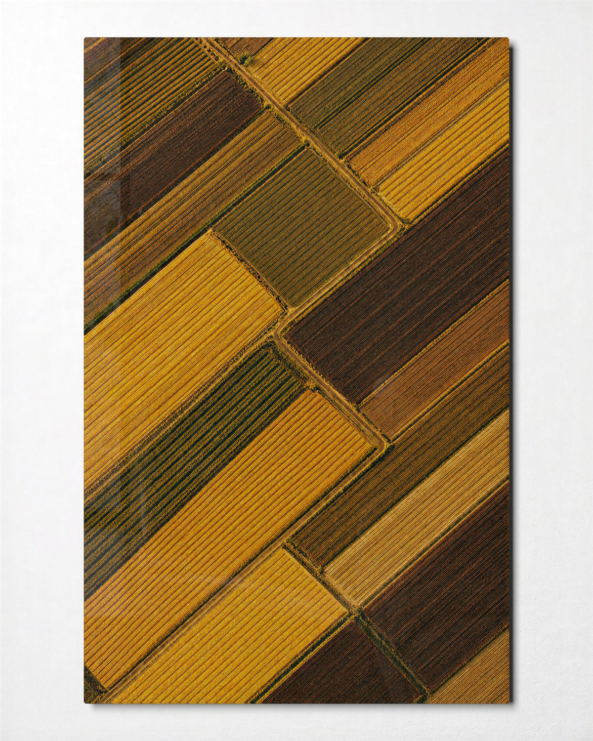 Striped Farmland glass wall art, front view