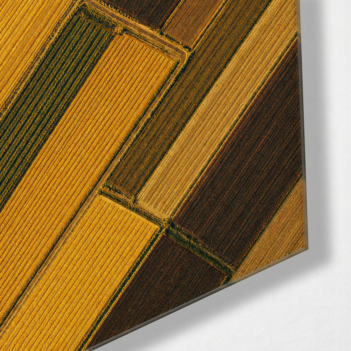 Striped Farmland glass wall art, corner view